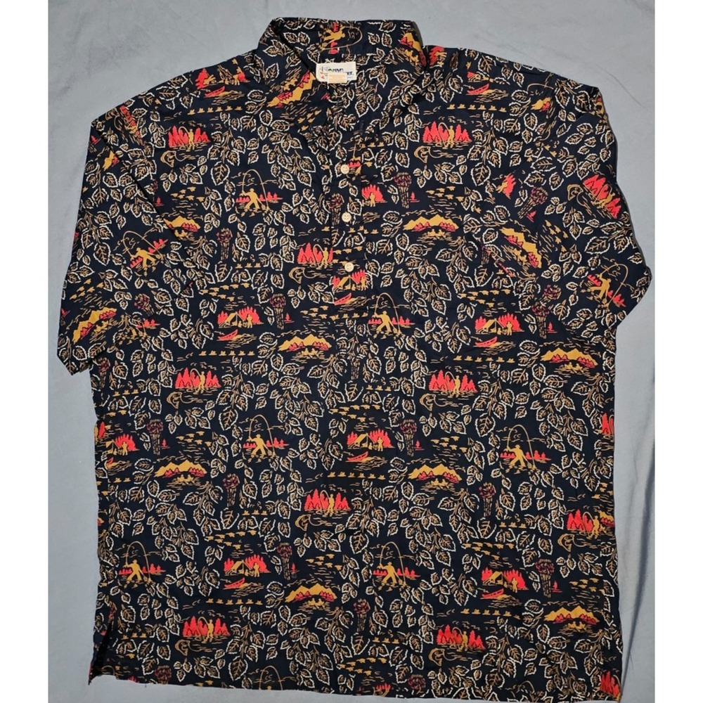 VTG REYN‎ SPOONER Navy Short Sleeve Fisherman AOP Cotton Hawaiian Shirt Size XL